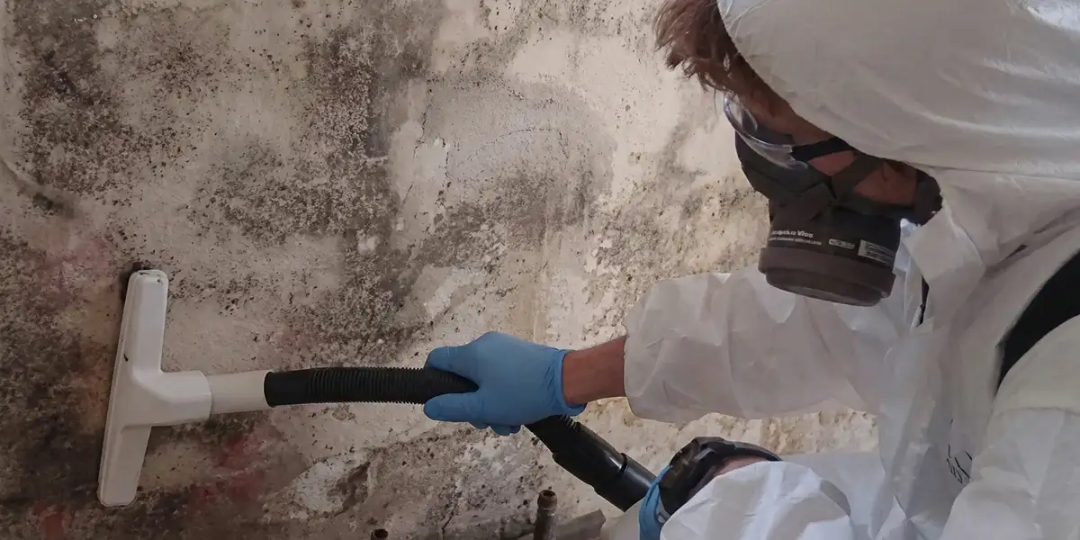 professional mold removal technician wearing protective equipment removing mold from a wall in Madison, WI