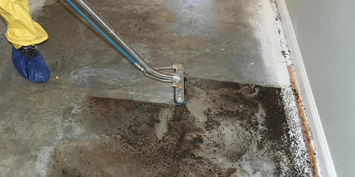 sewage removal technicians extracting contaminated wastewater from a residential floor in Madison, WI